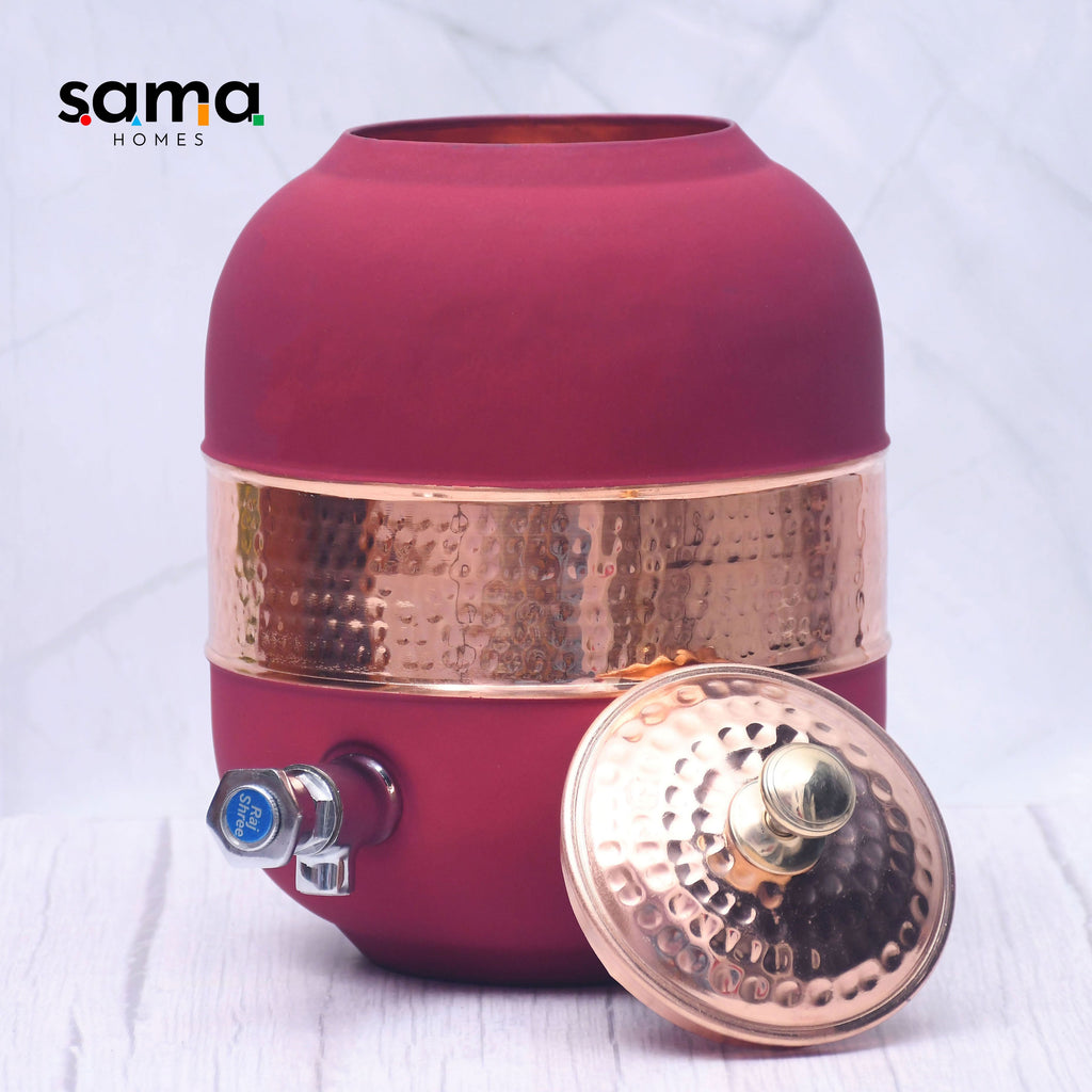 Pure Copper Silk Red Cherry Half Hammered Water Dispenser (Matka) Capacity 5000ML