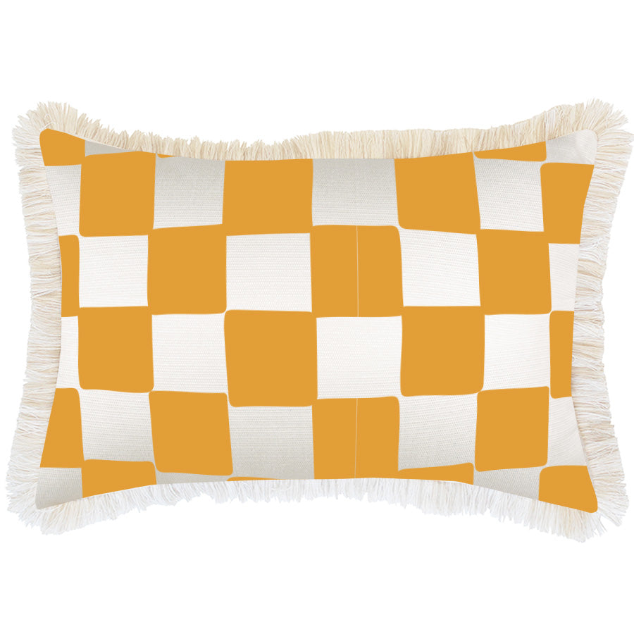 Cushion Cover-Coastal Fringe-Check Gold White-35cm x 50cm