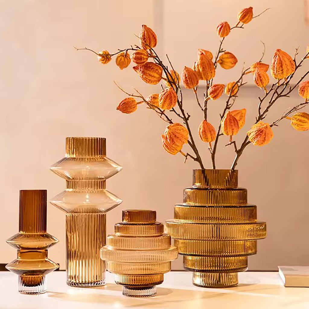 Ribbed Layered Tall Glass Vase-Medium-Amber