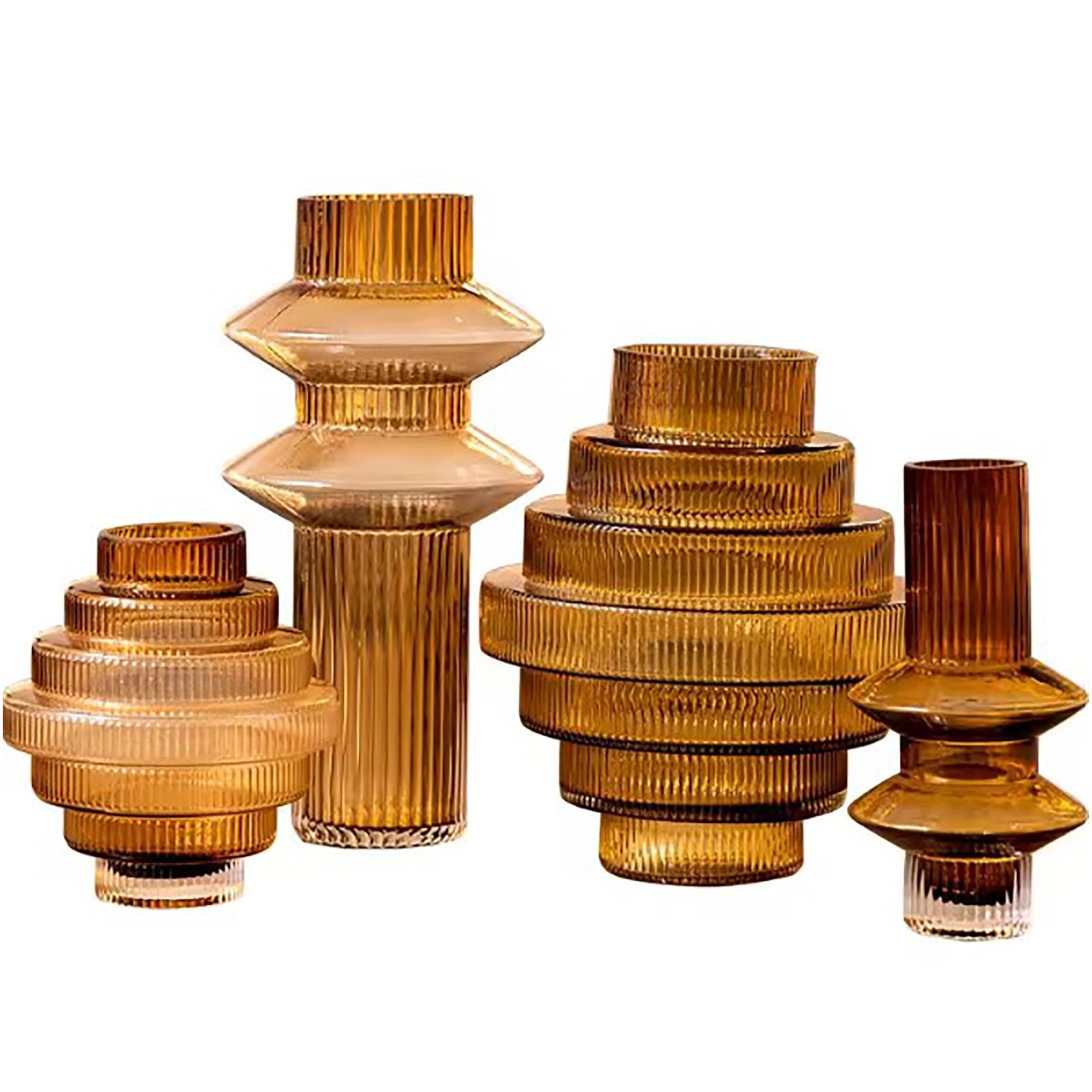 Ribbed Layered Tall Glass Vase-Medium-Amber