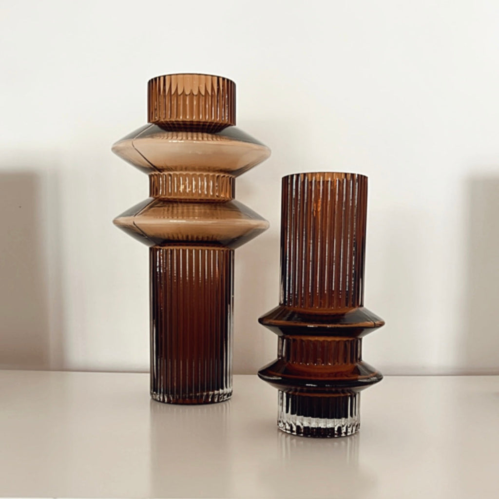 Ribbed Layered Tall Glass Vase-Medium-Amber