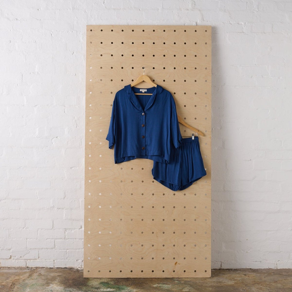 Bamboo Pyjamas - Crop Button Up + Short PJ Set in Navy