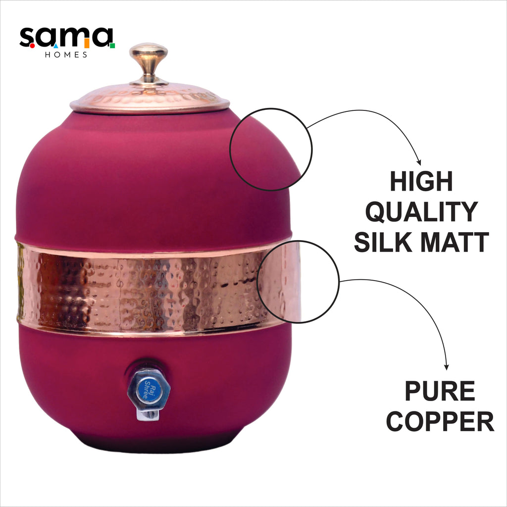 Pure Copper Silk Red Cherry Half Hammered Water Dispenser (Matka) Capacity 5000ML
